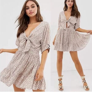 Faithfull The Brand Marigot Pink Floral Tie Front Mini Dress Azalea Floral Med